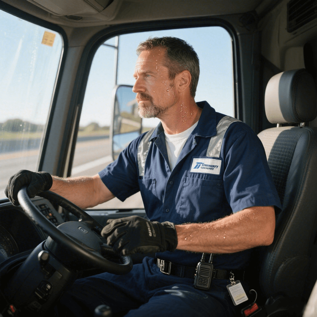 Truck driver sweating in cab on desert highway — long-haul hygiene tips and body wipes for truckers.