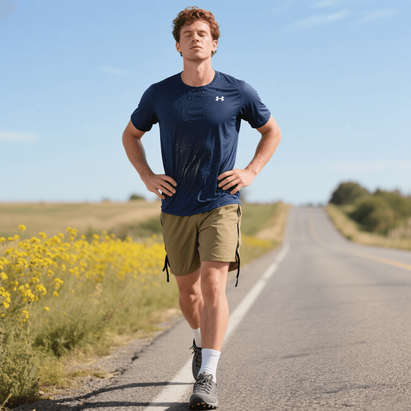 Post-workout runner on a country road showing sweat — perfect use case for Tinkkie Body Wipes (no-rinse, cooling)