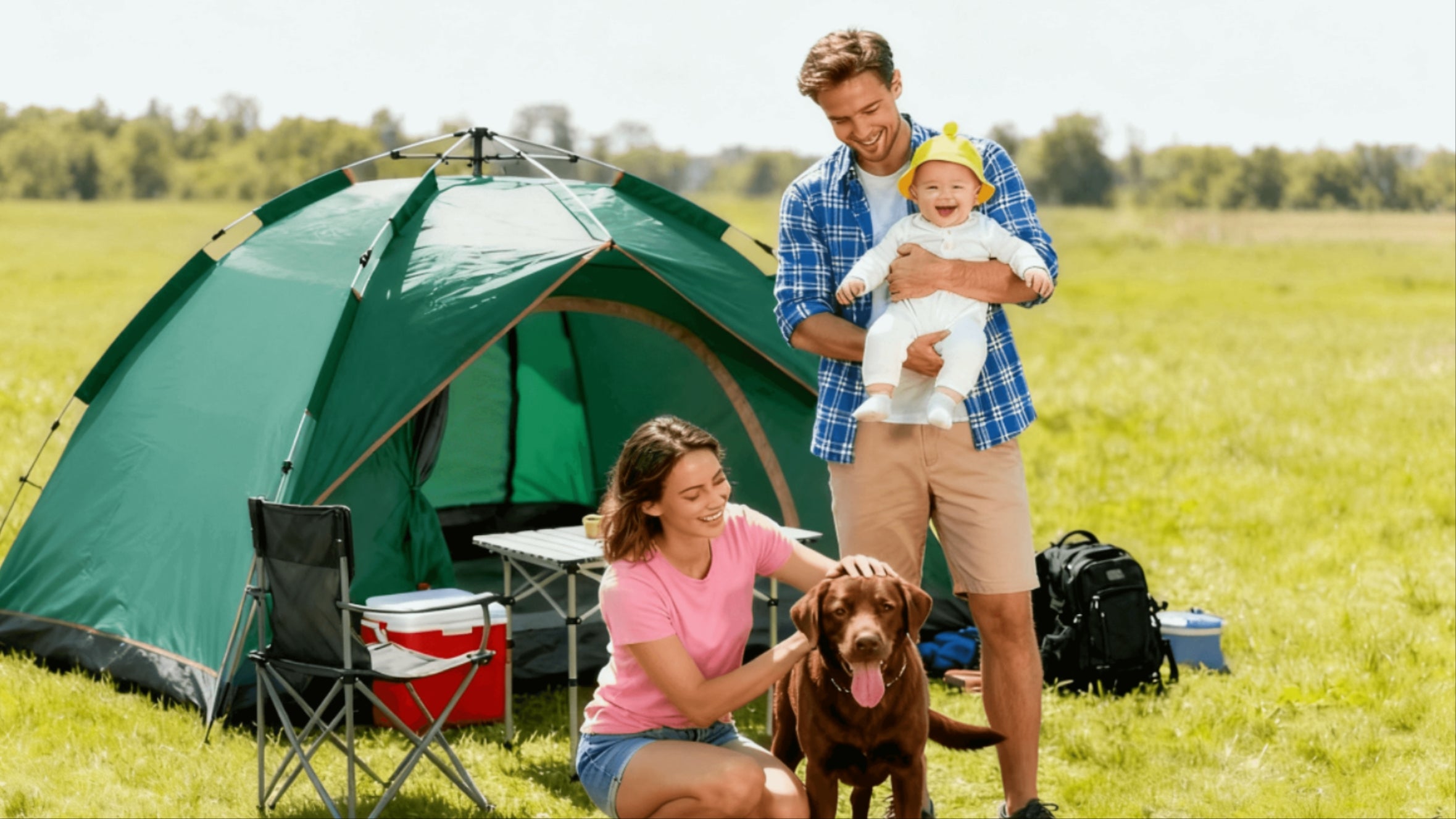 A family camping outdoors with their baby and dog, representing TINKKIE portable wipes for on-the-go freshness anytime, anywhere.
