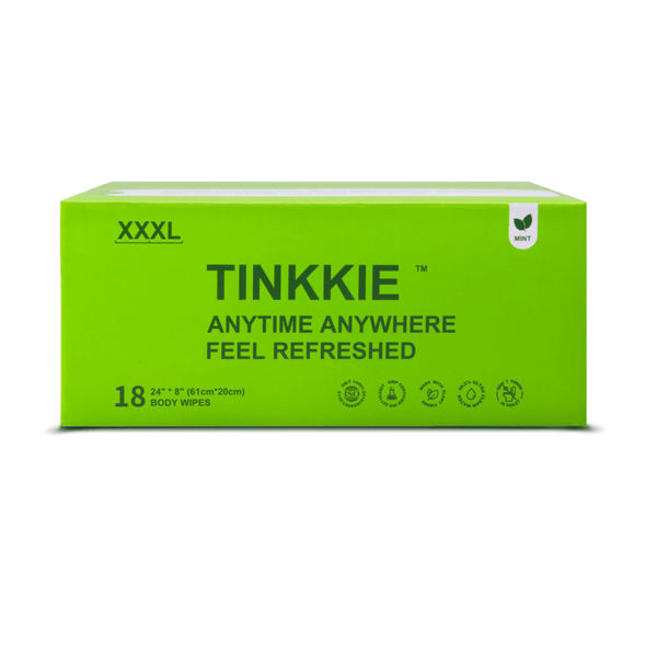 TINKKIE XXXL body wipes, 18-count mint-scented pack, extra-large size for full-body cleansing and on-the-go freshness.