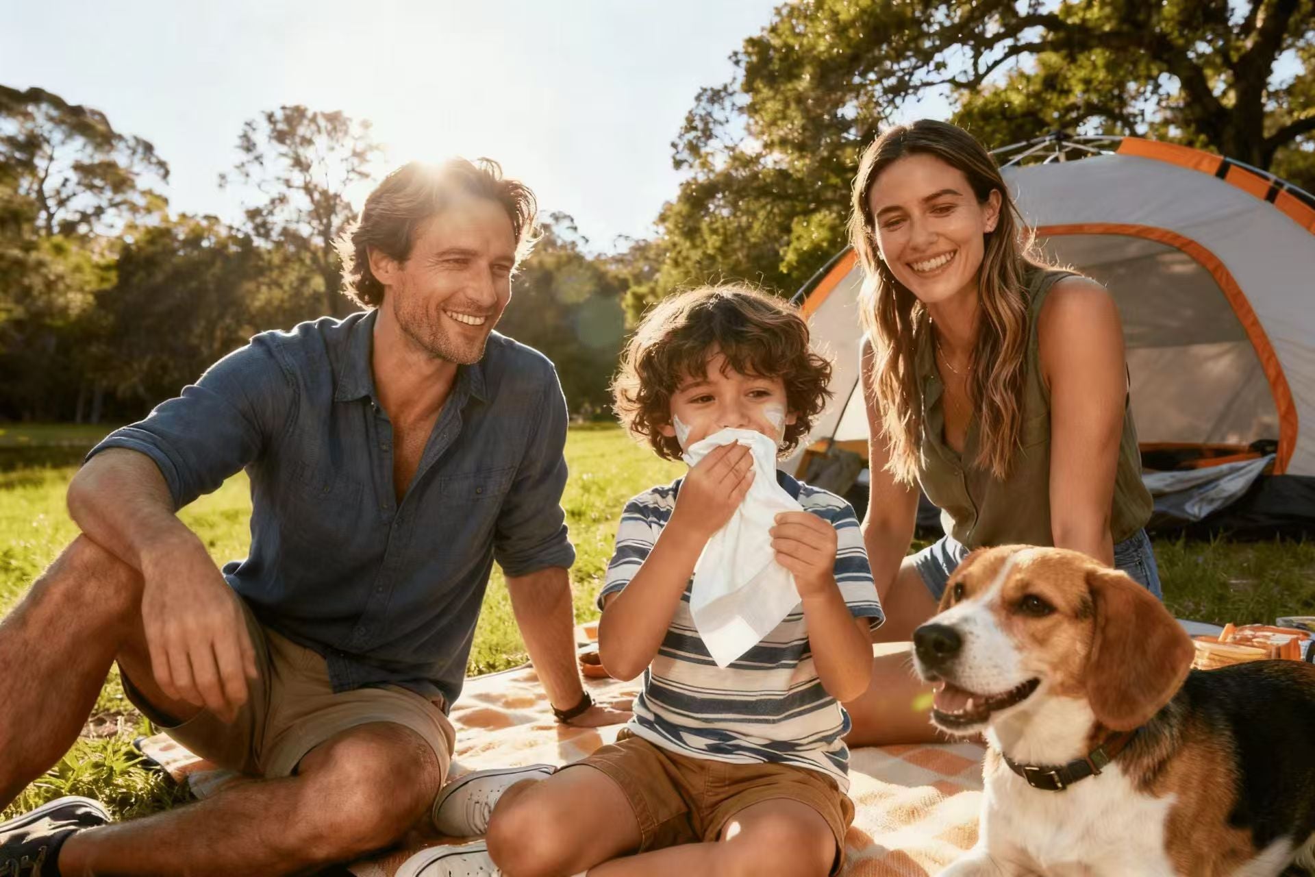 A happy family camping outdoors using Tinkkie large body wipes for refreshing and cleaning, perfect for travel and outdoor hygiene.
