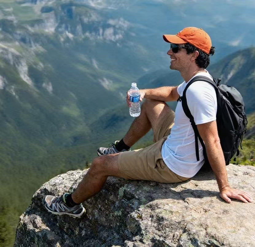 TINKKIE founder sitting on a mountain during an outdoor trip, inspiration behind the brand’s anytime, anywhere portable wipes.
