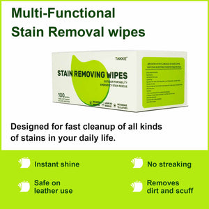 Close-up of TINKKIE stain removal wipe cleaning coffee and grease stains from fabric and shoe surface — portable, no-rinse wipes for travel and emergencies.