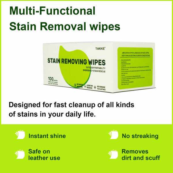 Close-up of TINKKIE stain removal wipe cleaning coffee and grease stains from fabric and shoe surface — portable, no-rinse wipes for travel and emergencies.