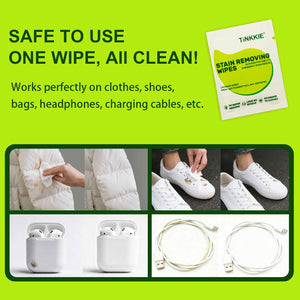 TINKKIE stain removing wipe safely cleaning clothes, shoes, bags, and charging cables — one portable wipe for all surfaces and daily quick use.