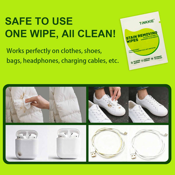 TINKKIE stain removing wipe safely cleaning clothes, shoes, bags, and charging cables — one portable wipe for all surfaces and daily quick use.