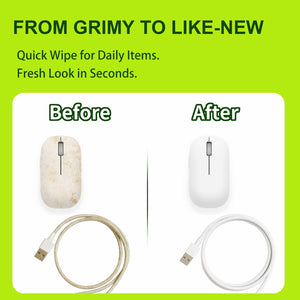 Before-and-after image showing TINKKIE stain removal wipe cleaning a dirty mouse and cable — quick daily wipe for electronics, accessories, and portable items.