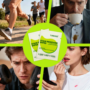 Lifestyle collage showing TINKKIE stain removal wipes cleaning coffee spills, lipstick marks, sweat, and dirt — instant portable wipes for everyday stain emergencies.