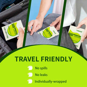 TINKKIE stain removing wipes — travel-friendly design with no spills, no leaks, and individually wrapped packs for clean, mess-free use on the go. Perfect for handbags, luggage, and daily carry.