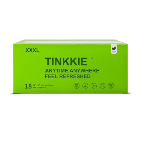 TINKKIE XXXL body wipes, 18-count mint-scented pack, extra-large size for full-body cleansing and on-the-go freshness.