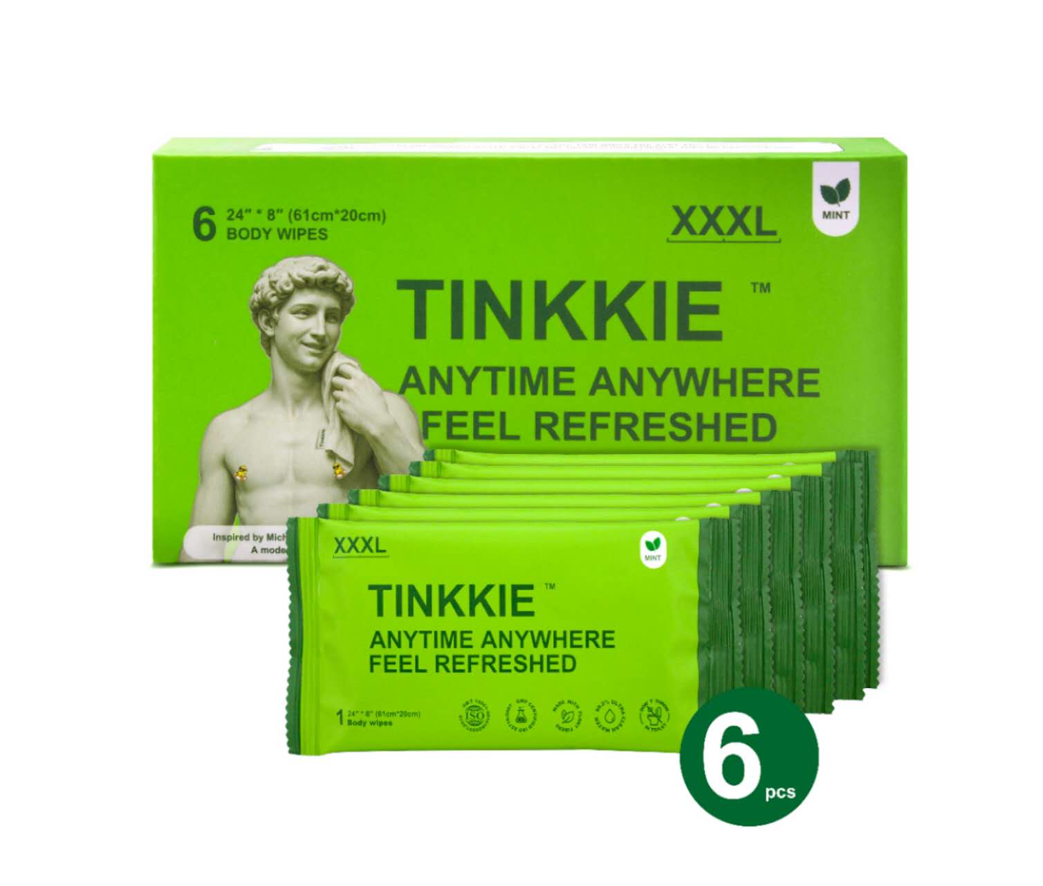TINKKIE XXXL body wipes 6-pack – extra-large, individually wrapped, biodegradable wipes for travel, gym, and outdoor use.